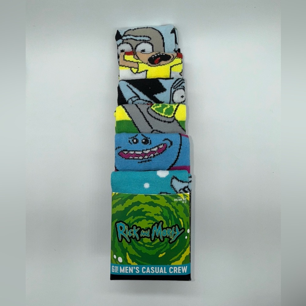 Rick and Morty Cartoon 6 Pair CREW SOCKS Men Size 8-12 Bioworld NEW